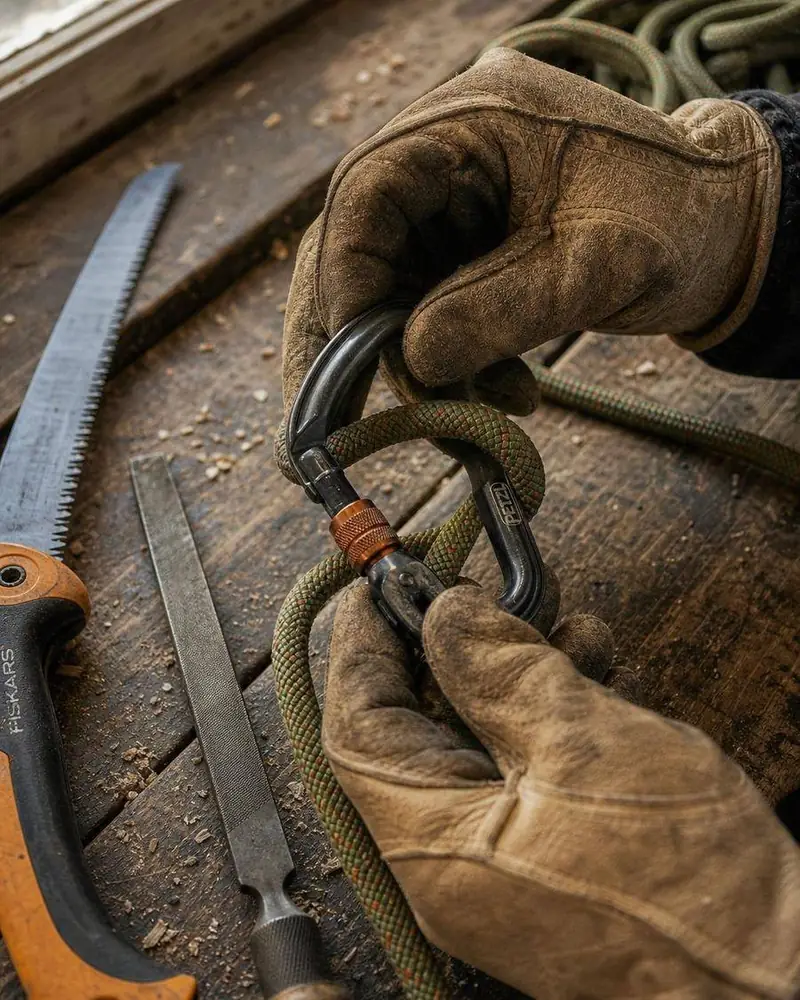 Gros plan sur les mains gantées d'un élagueur professionnel ajustant sa corde